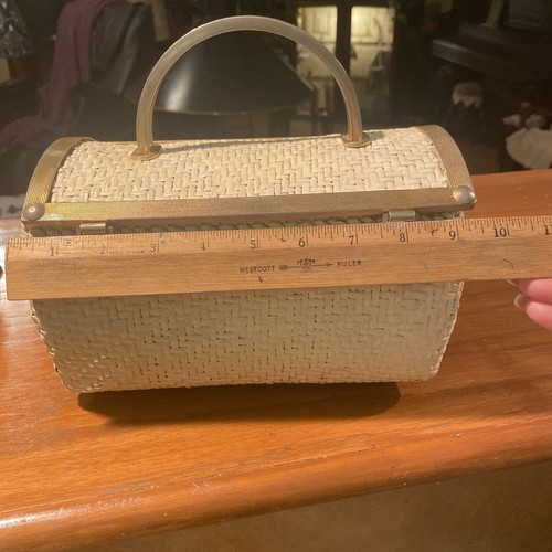 Vintage MCM 50er Off White Korb Gold Hardware Handtasche gewebte harte Seitentasche - Bild 11 von 11