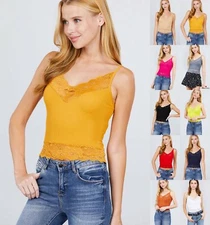 V-neck Lace Detail Ribbed Seamless CAMI TOP S-L T11392