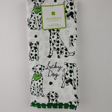 Set of 2 Kitchen Hand Towels Lucky Dog Paw Fringe Shamrocks Irish St Patrick Day