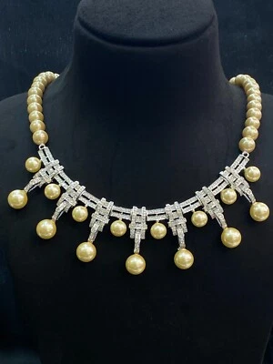 Pave 99,35 Ct Runde Brillant Schnitt Diamanten Südseeperle Halskette In 18K Gold - Bild 1 von 4