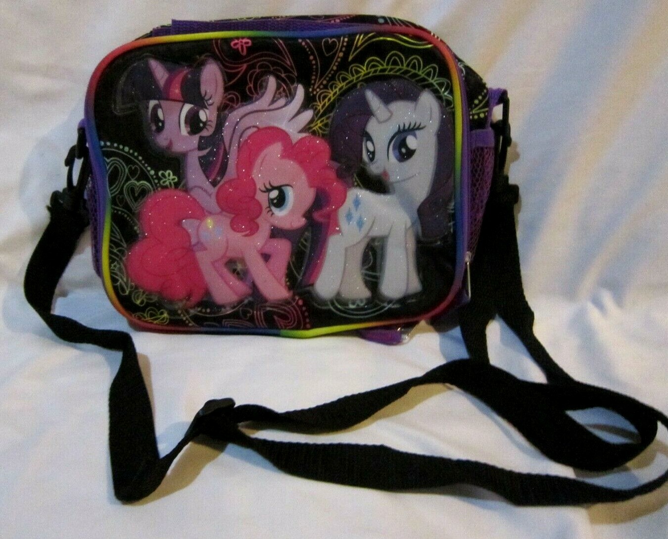 Borsa da pranzo isolata nera My Little Pony 3 personaggi 9 5" Nuovissima!