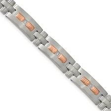11mm Stainless Steel & CZ Brushed & Rose Plated Link Bracelet, 8.5 In