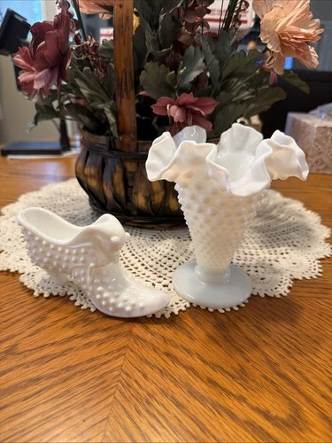 Fenton Hobnail White Milk Glass Cat Shoe And Vase