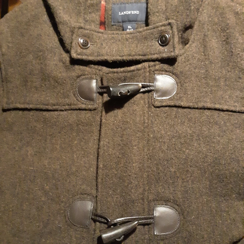Lands End Mens Wool Hooded Duffle Coat Plaid Lined XL Green/Brown Toggle Zip - Image 3 of 4