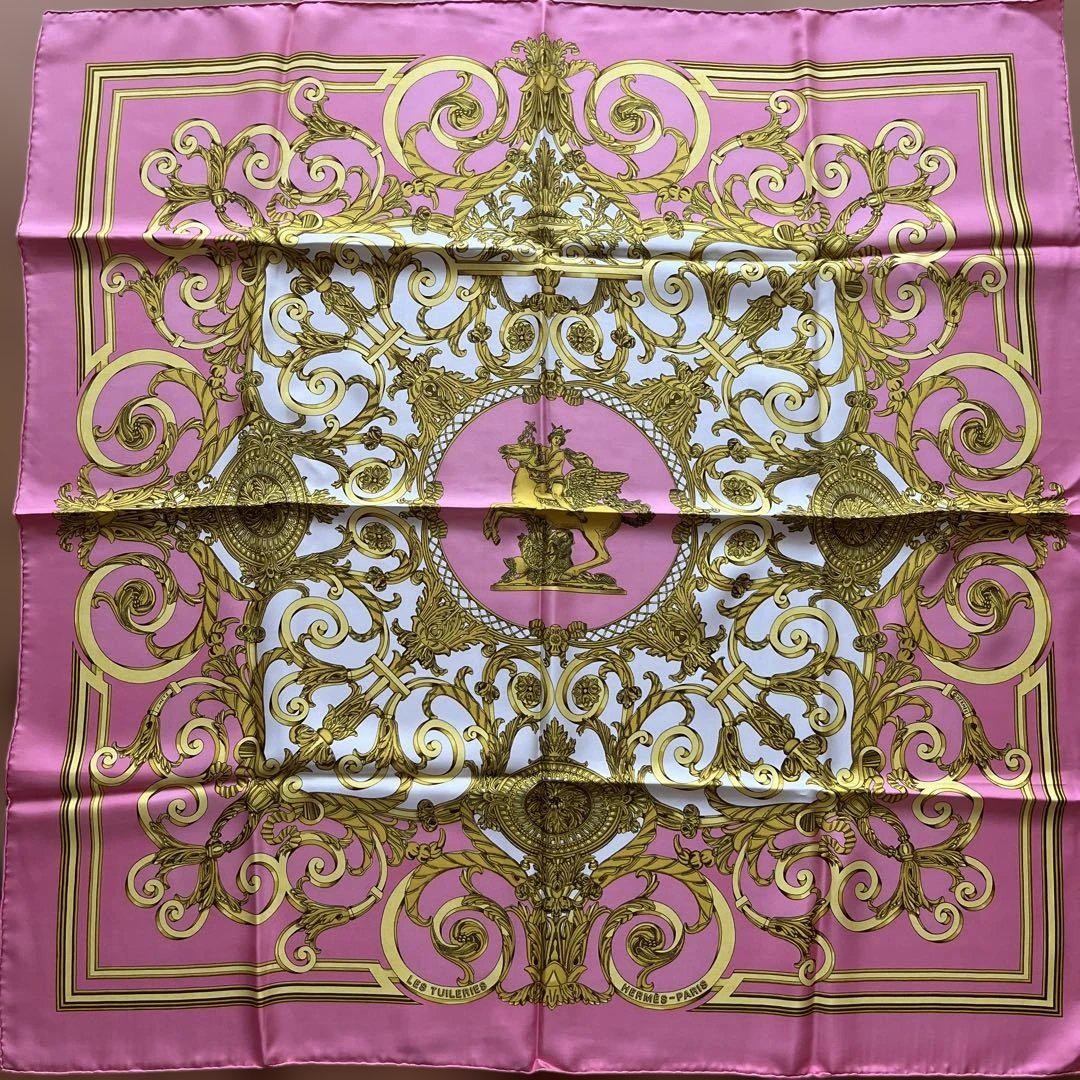 Hermes Carre 90 Tuileries Park Silk Scarf Pink Gold Japan Import