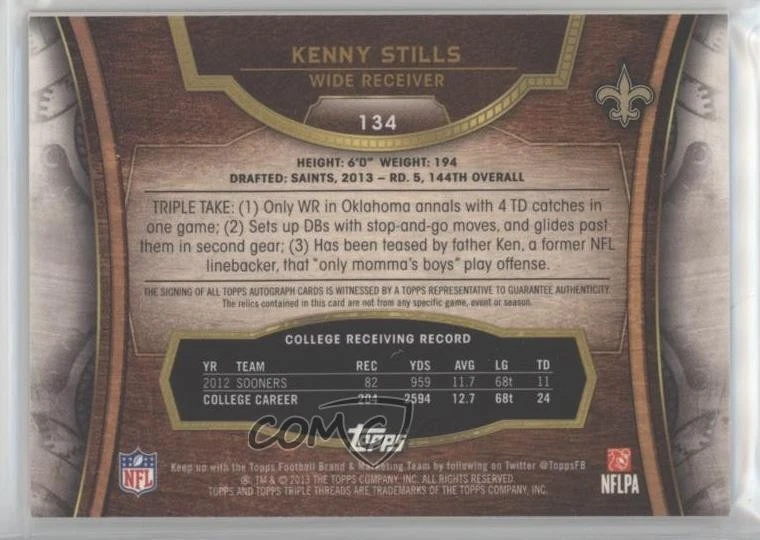 2013 Topps Triple Threads Relics /99 Kenny Stills #134 Rookie Auto RC - Image 2 of 2