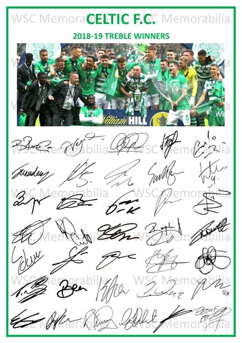 12829. 2018-19 Glasgow Celtic Signed Team Photo Sheet PRINTED AUTOS A4 Treble