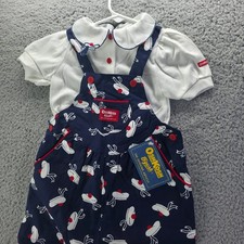 Vintage OshKosh Bgosh Kids 2pc Set Navy Hat Print Overalls White Shirt 3T 4T USA