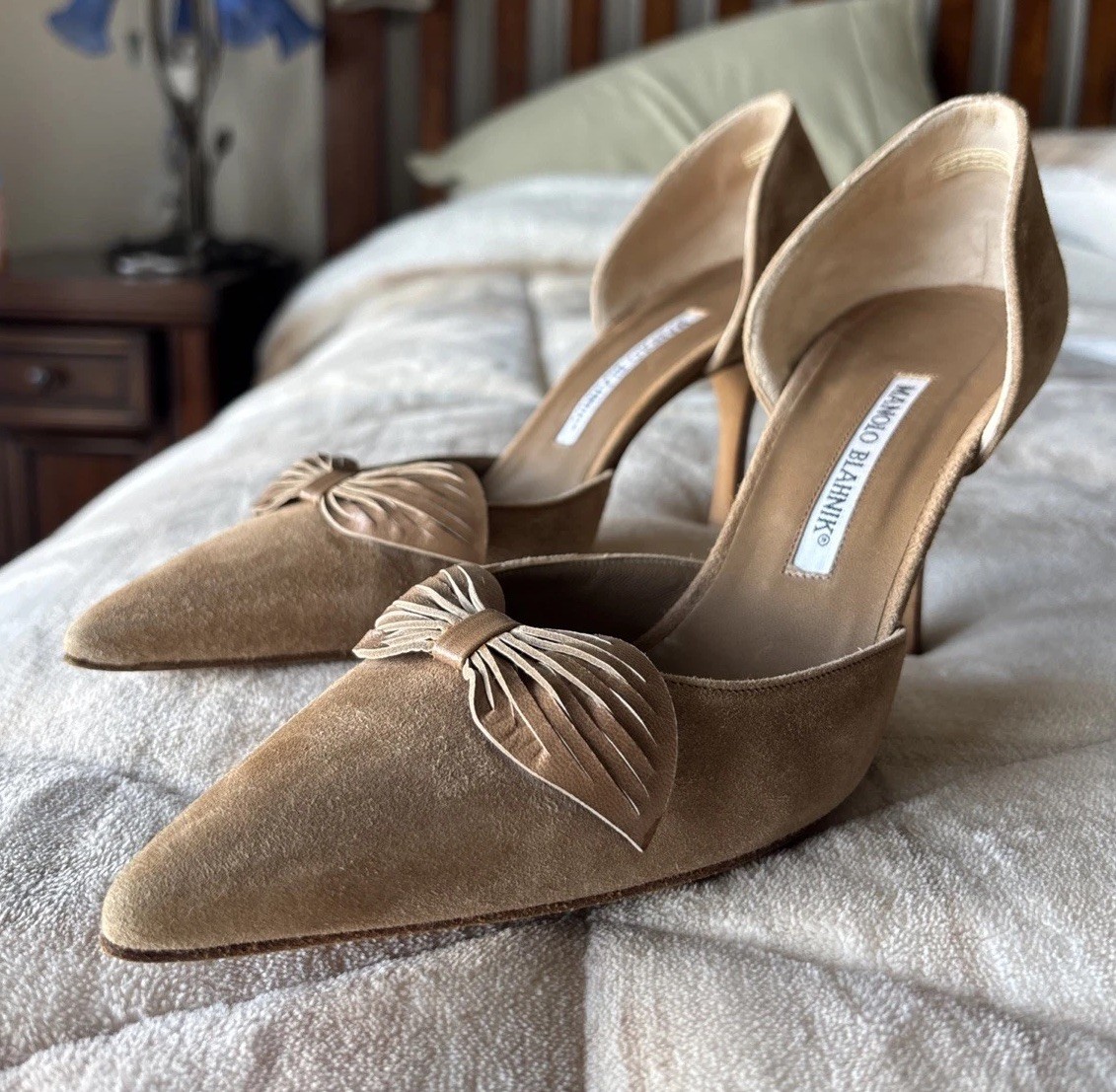 Manolo Blahnik Women's High Heel 38 Beige Suede Hand Made In Italy Shoes
