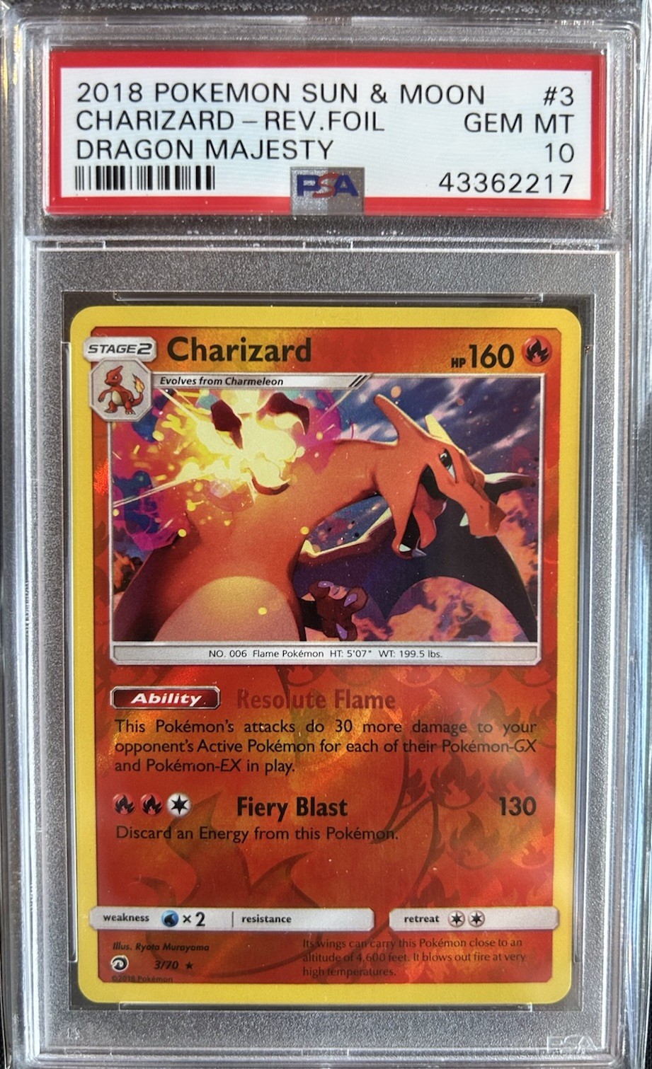 2018 Pokemon Sun & Moon Charizard Dragon Majesty #3 - Reverse Foil - PSA 10