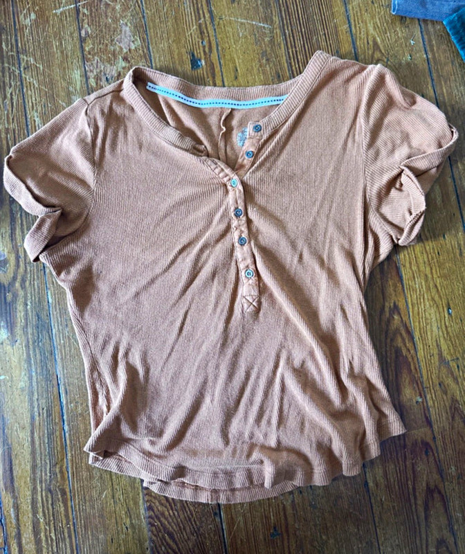 Pilcro Brown Ribbed Cotton Henley Button Front Short Sleeve T-Shirt Women M