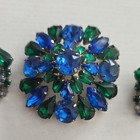 Beautiful Vintage Fancy Vivid Bright Blue & Green Rhinestone Brooch 2” Earrings — photo 5