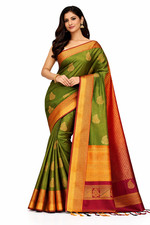 Green Silk Saree with Wine Pallu Retta Petta Border Gold Zari Butta