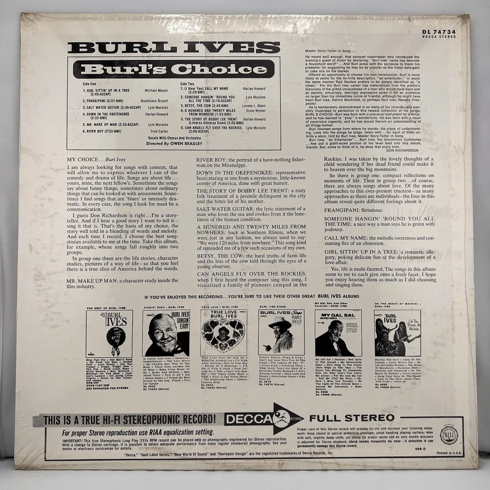 Sealed 1966 Burl Ives Burl's Choice Folk World Country LP Vinyl Record Decca - Image 2 of 4