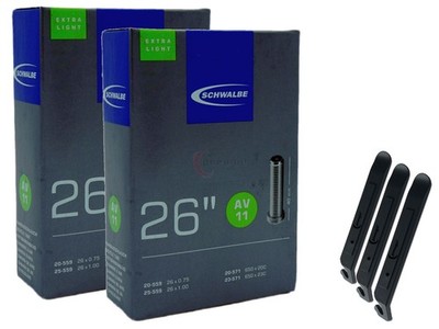 Set 2x Schwalbe AV11 Extra Light 26 Zoll Autoventil + 3 Reifenheber