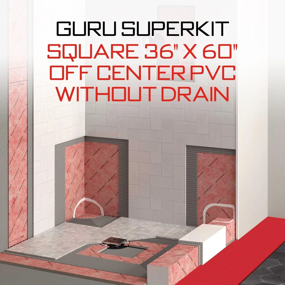 GURU USA SuperKit Square Shower Kit Water-Stop Membrane, Hair Strainer 36" x 60" - Imagem 2 de 4