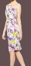 One shoulder ASOS 10 floral midi dress satin knee ruched panel gathered lined