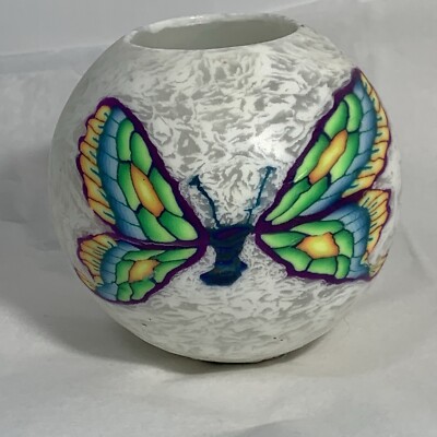 VTG Millefiore WAX HANDCRAFTED CANDLE Butterfly Round White Multicolor Unlit 3''
