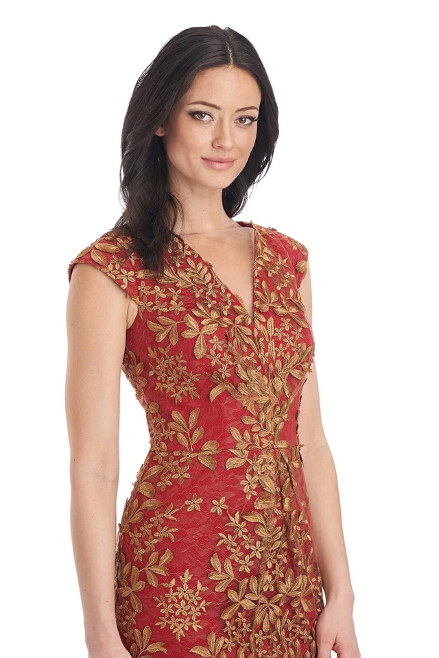 JS COLLECTIONS Red Gold 3D Leaf Embroidered Mesh Illusion V-Neck Dress 8 = M 💖 - Image 4 of 4