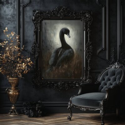 Haunting Black Swan Wall Art Print – Gothic Surrealism with