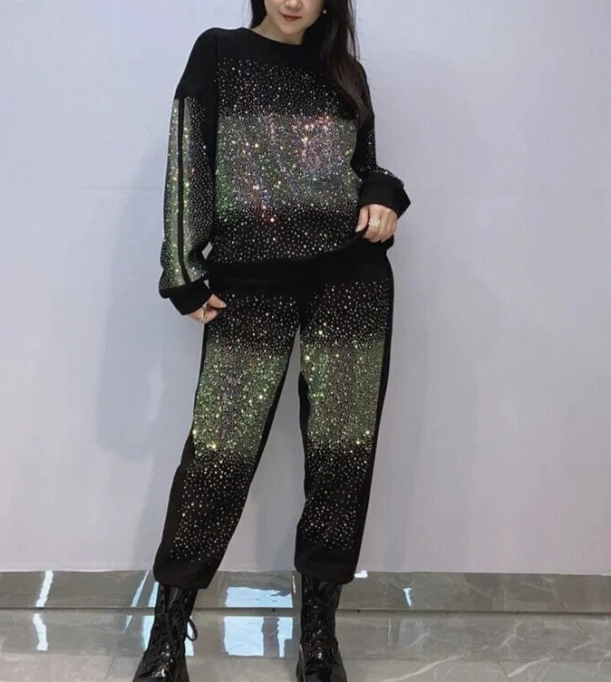 Nuevo conjunto de 2 piezas de chándal de lujo con diamantes de imitación para mujer negro blanco rosa Foto 2 de 4