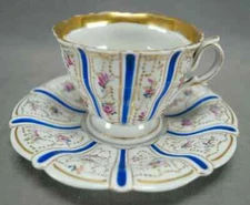 Old Paris Hand Painted Pink Rose Cobalt Striped & Gold Swag Tea Cup & Saucer