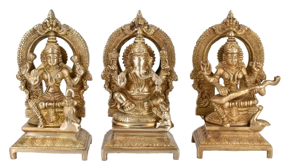 Estatua de ídolo de ballena blanca de latón Ganesha y diosa Laxmi Saraswati decoración del hogar Foto 2 de 4