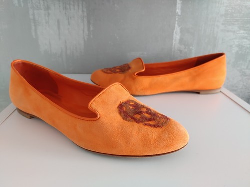 Alexander McQueen Orange Suede Ballet Flats Sequin Skulls Shoes Slippers Loafers - Picture 7 of 17