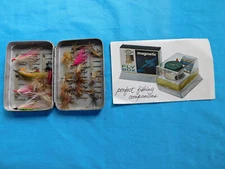 FLY FISHING PERRINE FLY BOX WITH FLIES &  WITH VINTAGE ADVERTISEMENT
