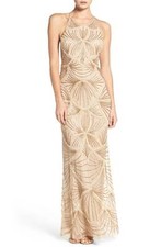 ADRIANNA PAPELL Nude Matte Sequin Beaded Embellished Mesh Maxi Gown Dress 10 US