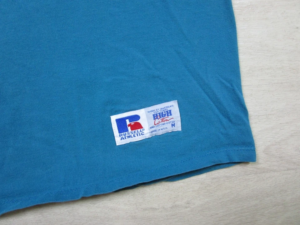 Vintage RUSSELL ATHLETIC Aqua Blue Spell Out Logo T-Shirt (M) Combed Cotton 90s - Image 3 of 4