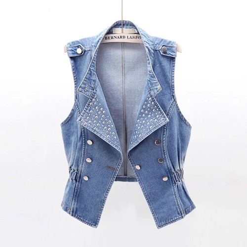 Damen Nieten Denim Weste Weste Ärmellos Tank Tops Jacke Mantel Freizeitweste - Bild 4 von 12