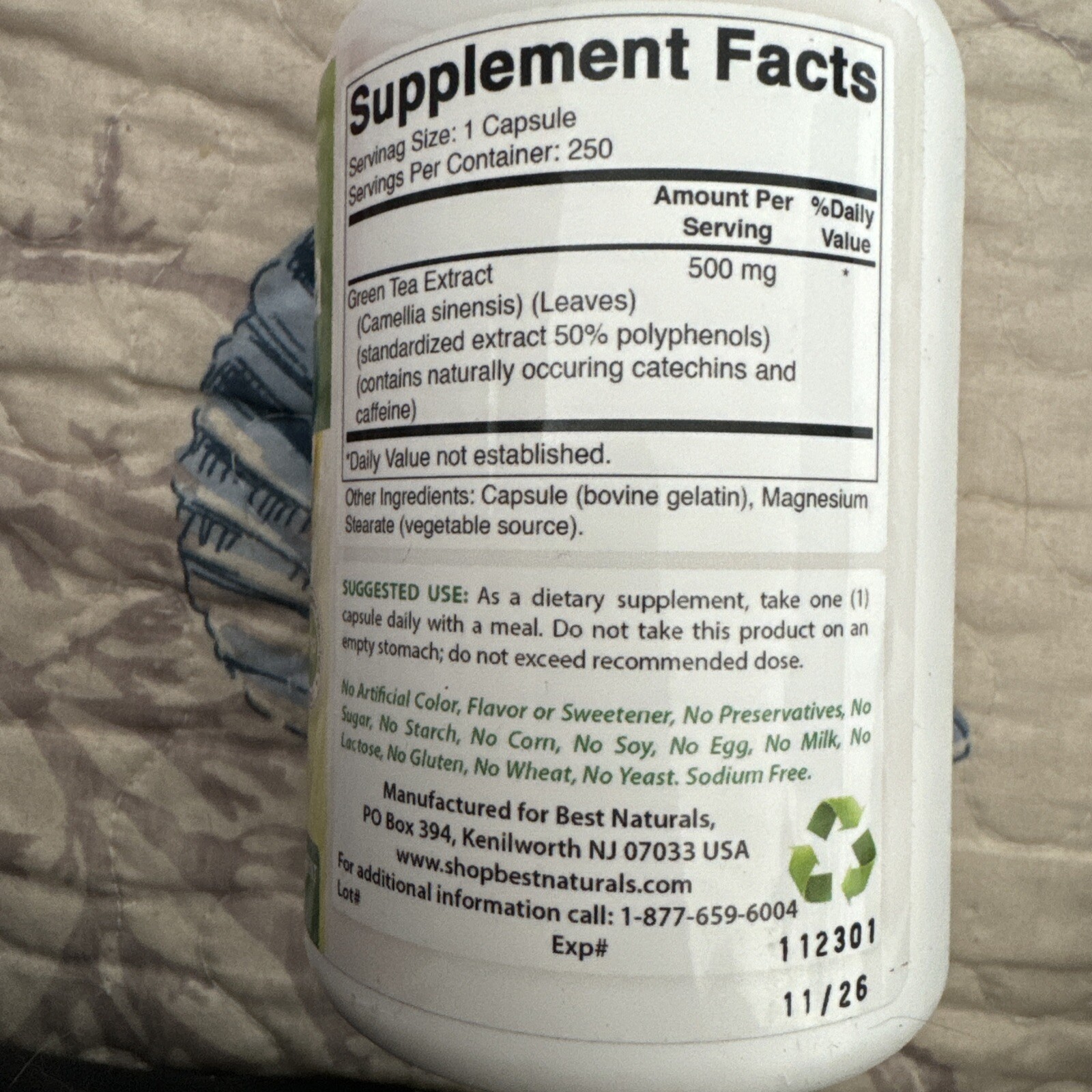 Best Naturals Green Tea Extract 500 mg 250 Capsules Premium Supplement 11/2026