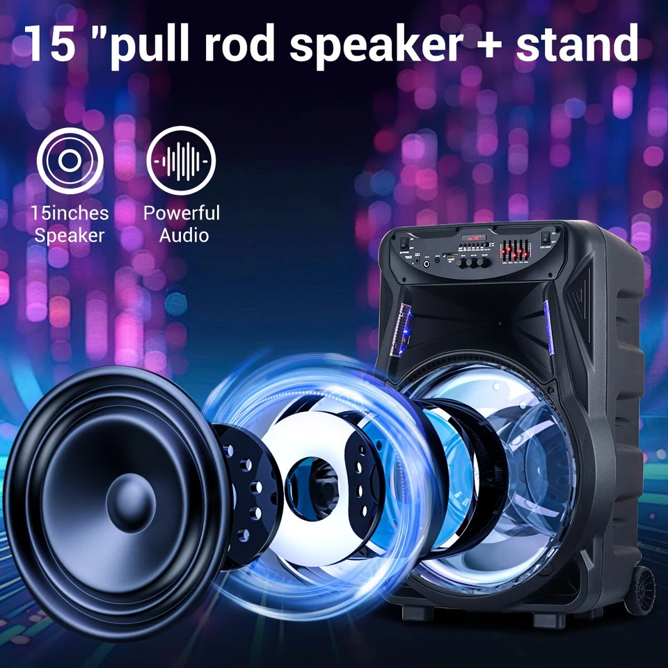 Heavy Bass 15" Subwoofer Bluetooth Speaker Trolley w/ Stand Mic DJ USB FM AUX TF - Image 2 of 4