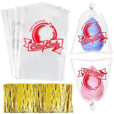 500 Pcs Cotton Candy Bags with Ties Cotton Candy with Print Clear Large Carni...