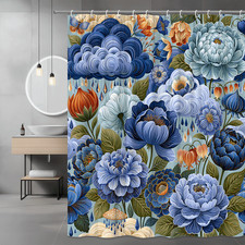 Blue Floral Shower Curtain, Botanical Flower Print Bathroom Decor