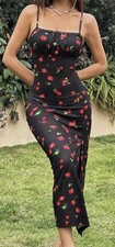 Women's Black Red Cherry Print Midi Dress L