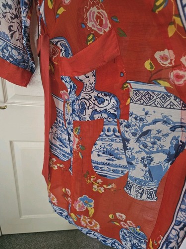 One Hundred Stars Kimono Blue Red Vase Print One Size Modal Cupro With Belt - Picture 6 of 14