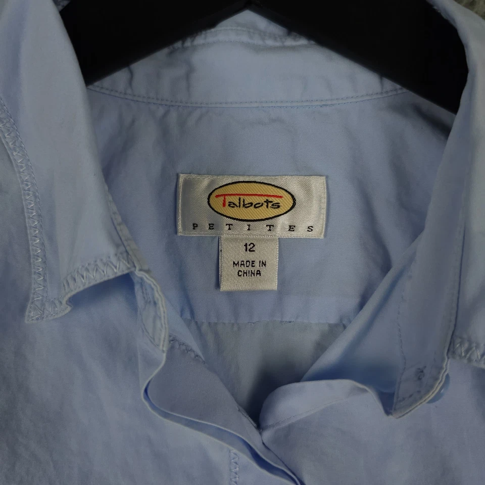 Vintage Talbots Shirt Womens 12P Petite Blue Hidden Button Up Crop Long Sleeve - Image 3 of 4