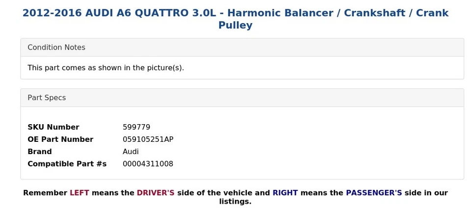 2012-2016 AUDI A6 QUATTRO 3.0L - Harmonic Balancer / Crankshaft / Crank Pulley - Image 3 of 4