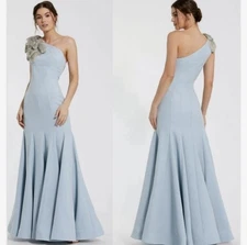 Mac Duggal 11810 Light Blue Crepe One Shoulder Gown with Crystal Flower Size 4