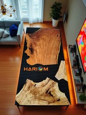 Personnalisé Bois Noir Résine Époxy Dining Table avec Naturel Cuisine Dalle Déco