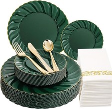 150PCS Emerald Green Plastic Plates - Green and Gold Disposable Dinnerware Inclu