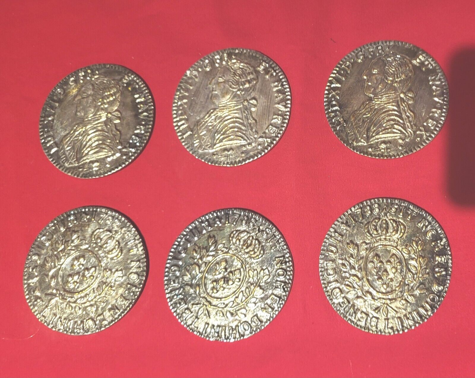 Vtg. Silver Brass Coin Coasters 1788 LUD XVI DG FR ET NAV REX LOUIS XVI France  