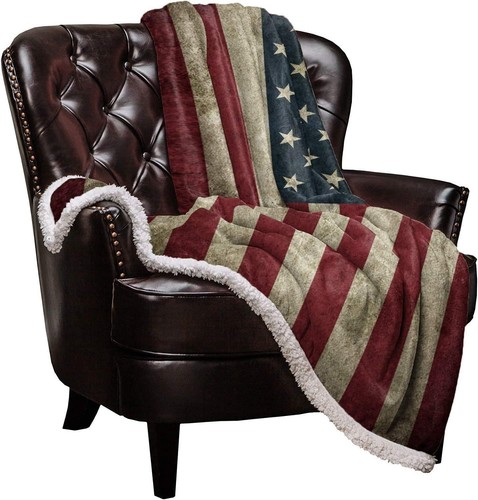 US Flag Sherpa Fleece Blanket, Super Thick 60"x80"In Vintage American Flag Gift