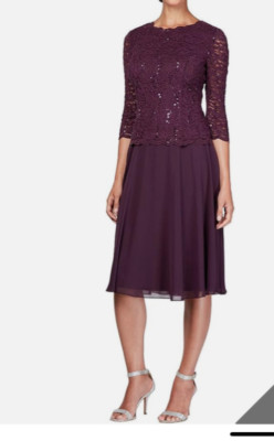 Alex Evenings Dress, New with Tags, Plum, Tea Length. Size 12. Sequined, Formal.
