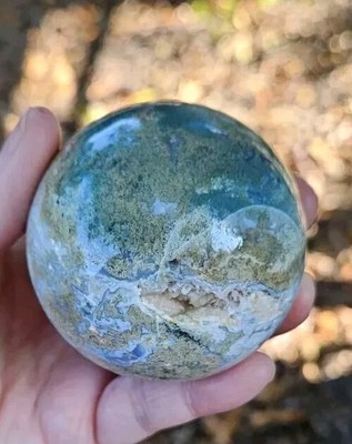 255g Natural Druzy Green & Blue Moss Agate Crystal Sphere W/ Stand 58mm