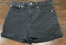 Madewell Women's High Rise Denim Jean Shorts FADED Black Raw Hem Stretch Size 25