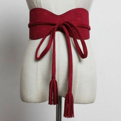 Women Faux Suede Tassels Belt Bow Tie Vintage Corset  display picture 3