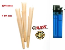 Authentic Raw Classic 1 1/4 Cones w/Filter tips pre rolled 100 CONE + LIGHTER